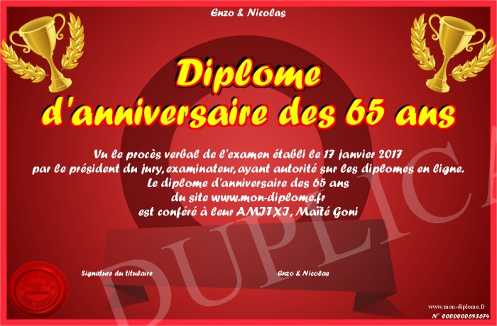 diplome 65 ans de mariage